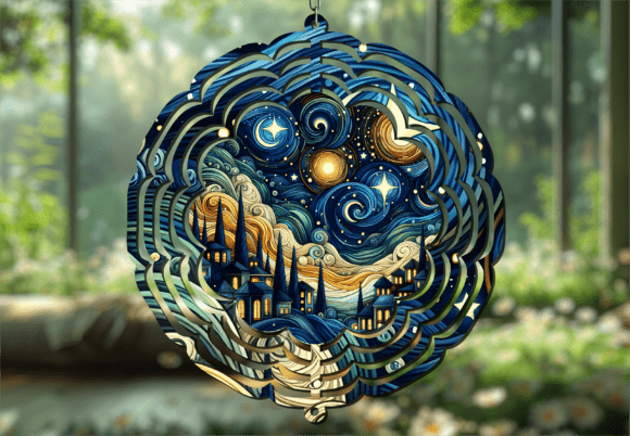 Download Starry Night Village Scene Wind Spinner - Wind spinner Collection