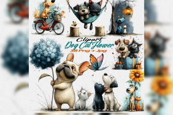 Download Whimsical Dog Cat Flower Clipart PNG Set - Premium Resources