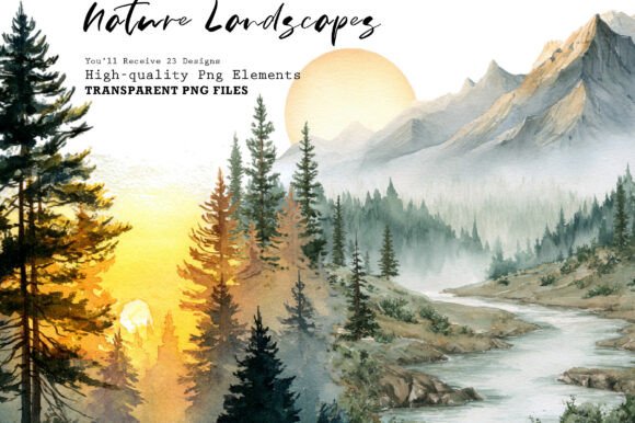 Download Watercolor Nature Landscapes PNG Clipart - Premium Bundle